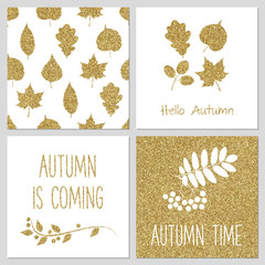 Gold autumn leaves set. Gold glitter seamless pattern. Floral background. Hello autumn.