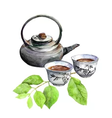 Foto op Aluminium Teatime: Aziatische theepot, theekopje en groene bladeren. Waterverf © zzorik