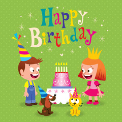 Happy Birthday kids greeting card with little girl and boy puppy and kitten