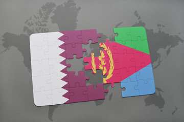 puzzle with the national flag of qatar and eritrea on a world map background.
