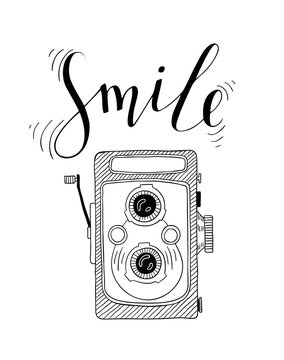 Photo camera with lettering - Smile. Hand drawn illustration.