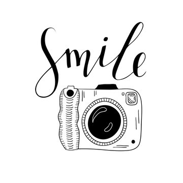 Photo camera with lettering - Smile. Hand drawn illustration.