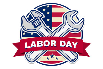Labor day badge emblem with wrenches and American flag.