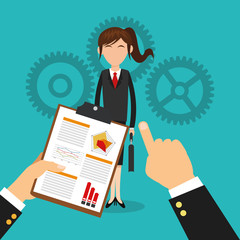 human resources gears woman document hand suitcase search employee business icon. Colorful design blue background. Vector illustration