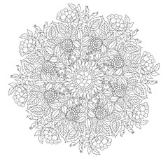 Outline Mandala for coloring book with elements from leaves and berries. Decorative round ornament. Anti-stress therapy pattern. Weave design element. Oriental vector.