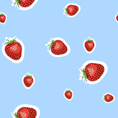 Pattern of realistic image of delicious ripe strawberries different sizes. Blue background