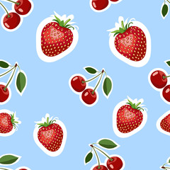 Pattern of realistic image of delicious strawberries and cherry different sizes. Blue background