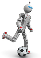 Robot footballer. Humanoid robot with a soccer ball. Isolated. 3D Illustration