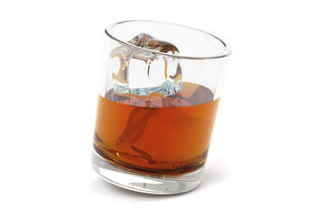 Glass with alcohol drink and ice, 3D rendering
