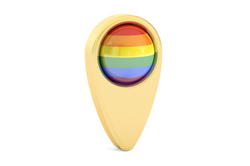 map pointer with flag of Gay Pride Rainbow, 3D rendering