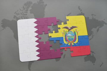 puzzle with the national flag of qatar and ecuador on a world map background.