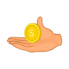 Hand with coin icon in cartoon style isolated on white background