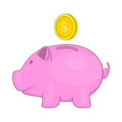 Pink pig money box icon in cartoon style isolated on white background