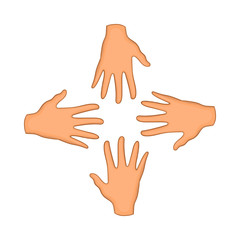 Hands of four people icon in cartoon style isolated on white background