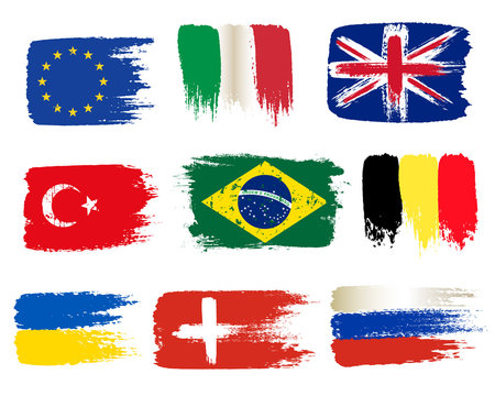 Collection of popular world flags, brush strokes painted flags, isolated on white background, vector illustration.