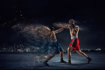 Box fighters trainning outdoor . Mixed media