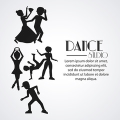 girls boys cartoons avatar dancer dance studio academy advertising icon. Silhouette black and white design. Vector illustration