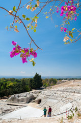 The famous greek theater of Syracuse, Sicily, with a flowered bougainvillea plant in the foreground