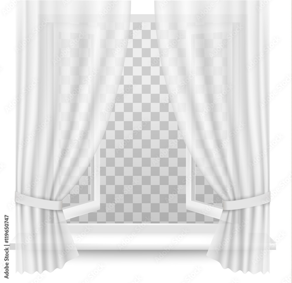 Poster Open window with curtains on a transparent background. Vector.