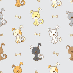 Seamless pattern with cute cartoon dogs  on  gray  background. Little puppies and bones. Children's illustration. Vector image. Funny animals.