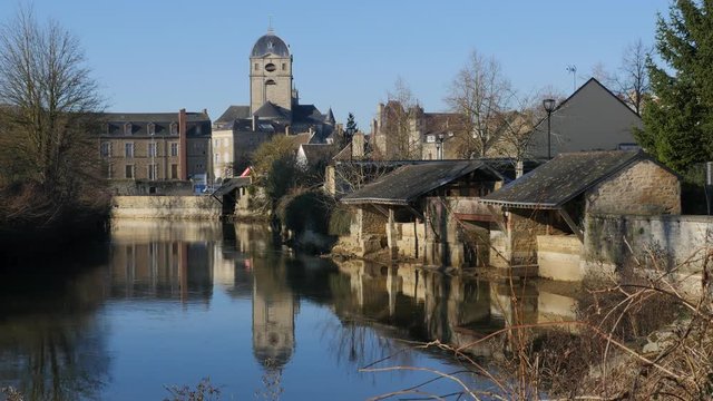 River Sarthe and French Gothic architecture building 4K 2160p UHD footage - Orne Lower Normandy France city of Alencon basilique Notre Dame by the day 4K 3840X2160 UHD video 