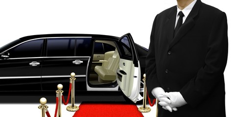 limousine chauffeur standing by the car - obrazy, fototapety, plakaty
