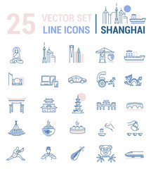 Set vector line icons in flat design with Shanghai