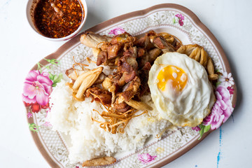 Fried Chicken garlic and Flammulina Velutipes with fried egg Thailand Style 
