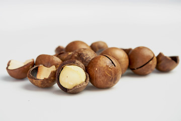 Ripe macadamia nuts closeup. Small Depth of Field