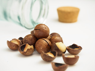 Ripe macadamia nuts closeup. Small Depth of Field