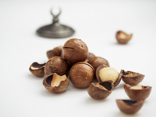 Ripe macadamia nuts closeup. Small Depth of Field