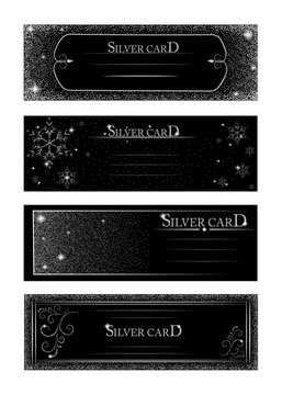 Vector banners and cards silver sparkles on black background. Banners voucher, store, present, shopping, sale, logo, web, card, vip, exclusive, certificate, gift, luxury, privilege