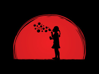 A little girl blowing soap bubbles designed on sunset background graphic vector.