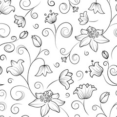 Seamless tulip and lily flower pattern. Black outline on white background.