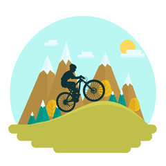 Female mountain bike rider on scenic high peaks background. Cross country race. Flat vector design cutout template.