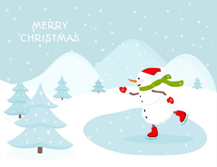 Snowman ice skating outdoors on a frozen lake. Hills trees snowfall landscape backdrop. Merry Christmas greeting card template.