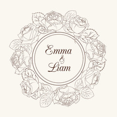 Rose flowers wreath design element. Wedding invitation template. Brown beige sepia vector illustration.