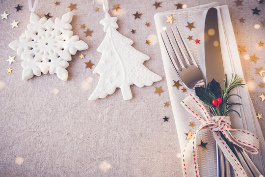 Christmas Table Place Setting, Holidays Lunch Menu Copy Space Background, New Year 2022 Festive Dinner