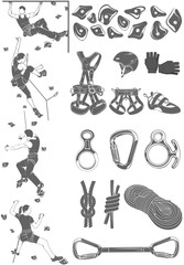 The set of attributes of equipment for climbing, silhouettes the