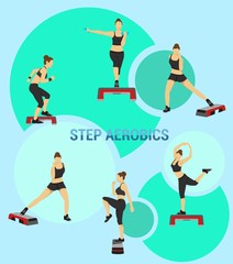Fitness vector set. Silhouette of a girl. Infographics flat design. The set of elements and characters for sports, fitness and step aerobics for a website, advertisement or flyer. Poster for fitness.