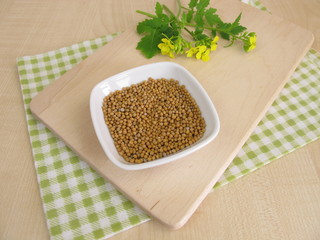 Senfkraut mit Blüten und Senfkörner