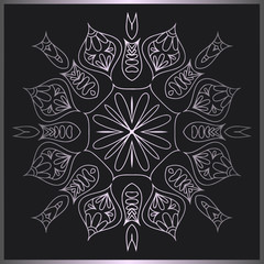 abstract floral mandala pattern of interwoven lines  metal color and frame on a black background