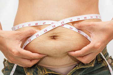 Closeup of woman pinching belly fat, weight loss concept.