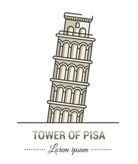 Color illustrations and flat linear design. Templates, logo and mark of tower of Pisa with vintage elements. Easy to use business. Vector abstract logo or emblem.