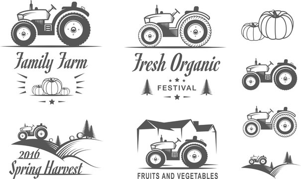 Set of logos with the tractor for the family farm. Fresh natural