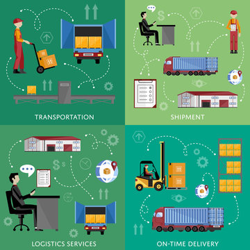 Process of shipping and distribution of goods. Logistic service process infographics.