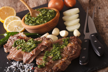 Tasty beef steak grilled with chimichurri sauce close-up. horizontal
