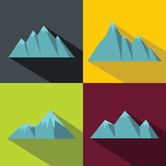 Mountain blue icons with long shadow on color background