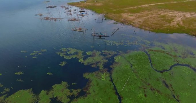 Aerial view : Villager has fish and shrimp farm 
