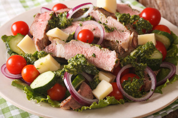 Salad vegetables, cheese and beef steak with chimichurri sauce closeup. horizontal
